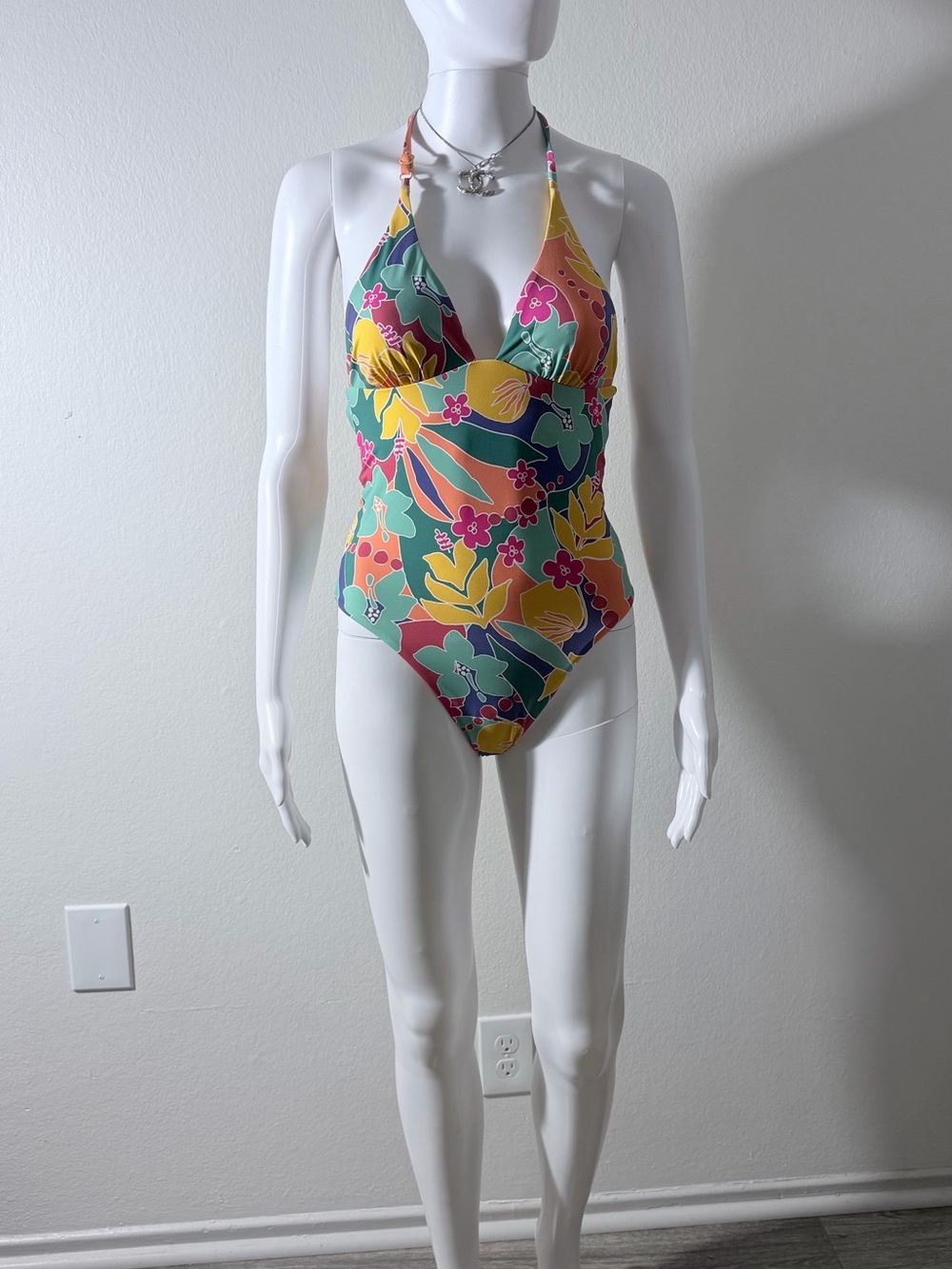 Marine Layer Green and Teal Floral Halter Swimsuit
